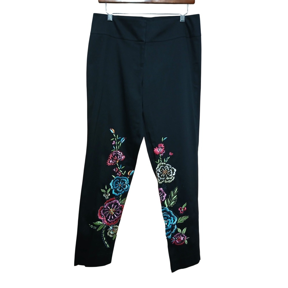 Cache Womens Black Floral Embroidered Beaded‎ Stretch Pants Size 10 Style 5357